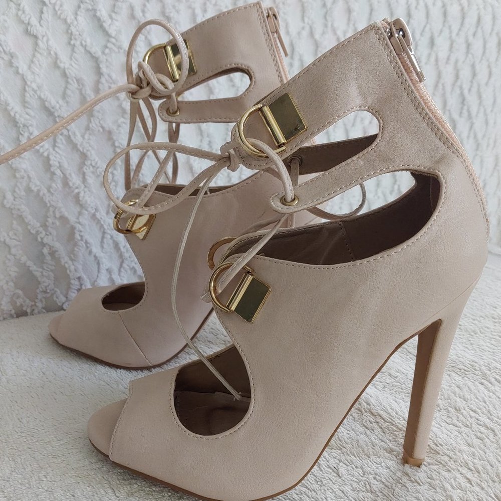 Lace-Up Cage Heels Back Zip Gold Hardware Accents